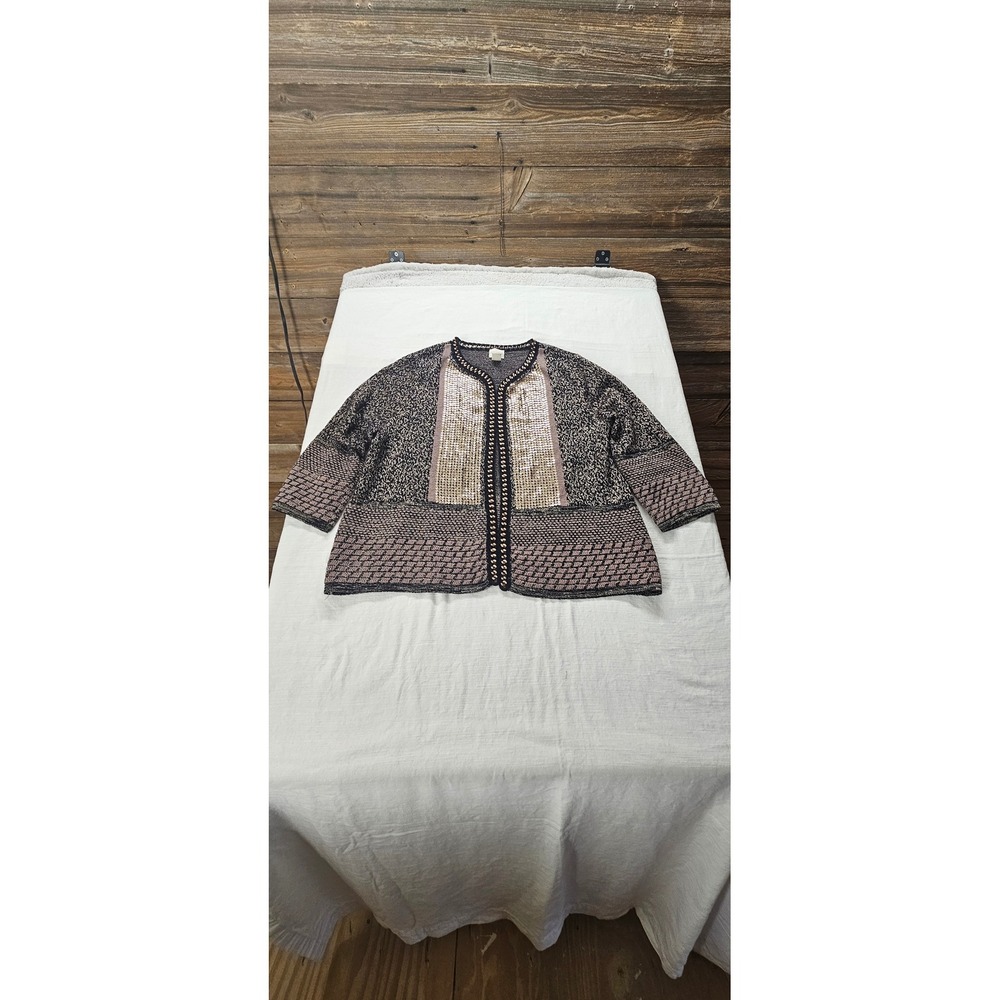 Chicos Womens Sequin Metallic Knit Open Front Cardigan Jacket Black Gold Size 2